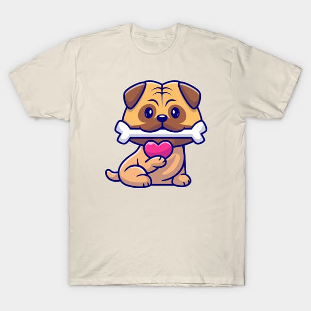 Cute Pug Dog Bite Bone And Holding Love Cartoon T-Shirt by Catalyst Labs